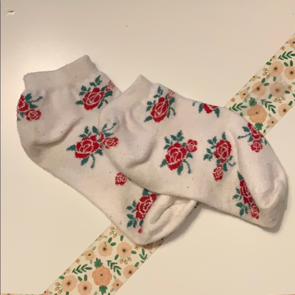 white socks w/ rose print